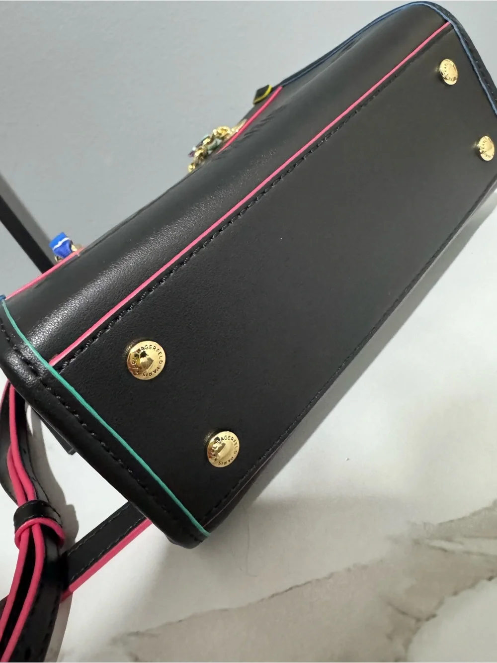 Karl Lagerfeld Black Shoulder Bag with Gold Rainbow-Trim Chain